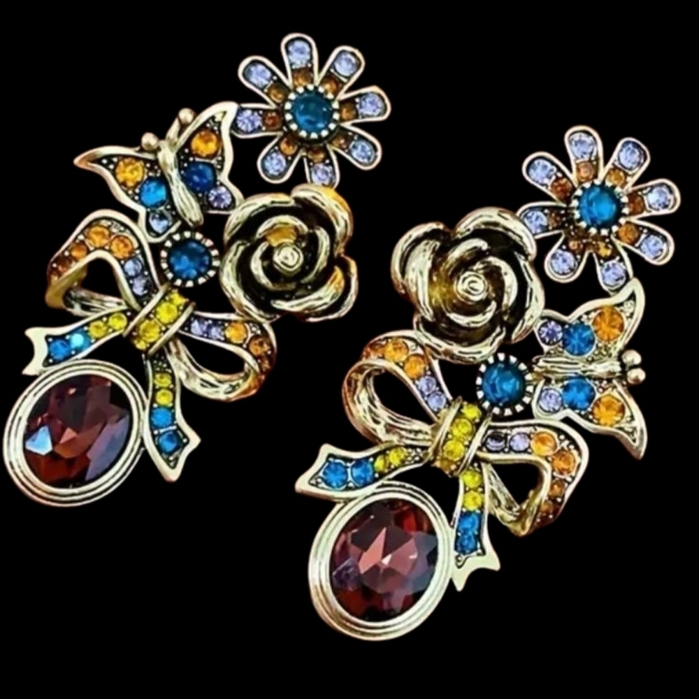 Floral Gemstone Drop Earrings Dangle Rhinestones - Picture 3 of 4